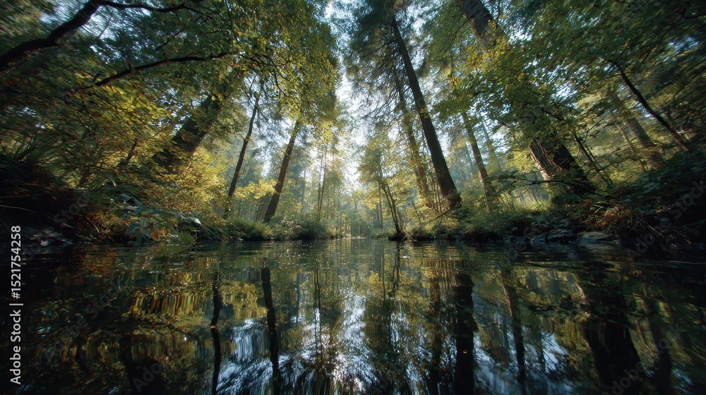 Aufkleber serene reflection of tall trees in a calm pond under the lush canopy of a vibrant forest setting