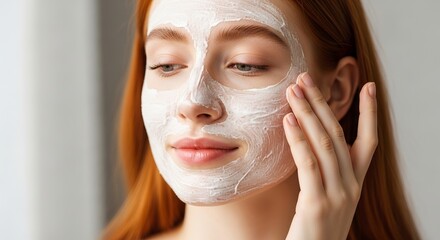 Redhead Woman Applying a Creamy Face Mask for Radiant Skin