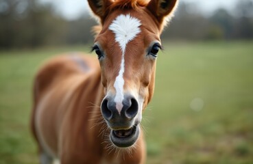 Funny foal horse face, looking at camera. Cute young animal portrait on green field background. Brown and white color. Foal smiles with open mouth, has soft fur. Horse head closeup.