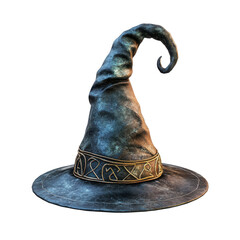 Unique pointed wizard hat made of textured fabric with intricate designs suitable for costume parties or themed events