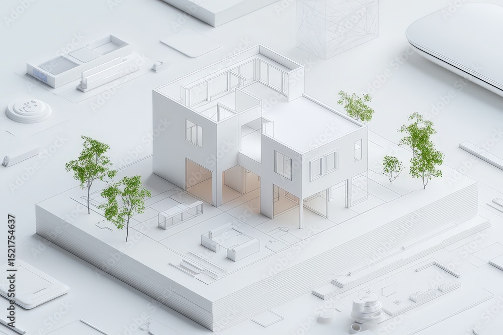 Poster system design scalability concept. 3d architectural model of a modern house with surrounding landsca