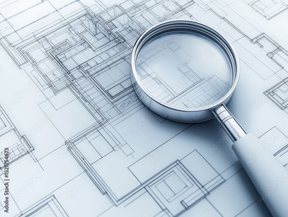 Aufkleber system design scalability concept. blueprints highlighted by a magnifying glass, showcasing intricat