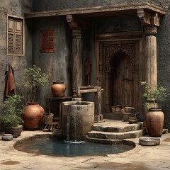 Vintage courtyard hand pump and water collection jar high resolution picture