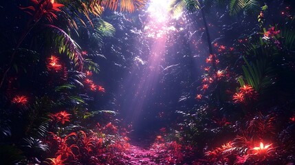 Enchanting bioluminescent rainforest at night