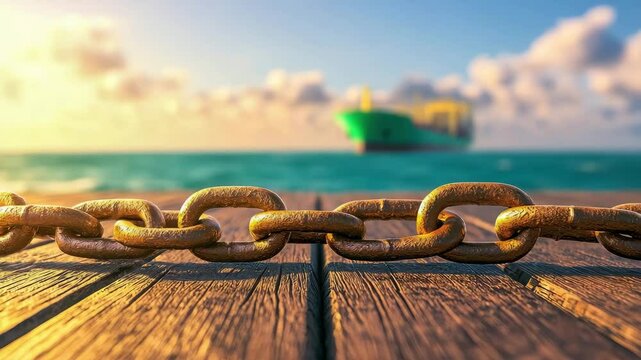 Close-up of a rusty chain on a wooden dock with a cargo ship blurred in the ocean background at sunrise.