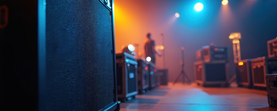 Close-up of sound column against boxes with concert equipment. Stage, event setup. Music, audio tech show, concert hall venue. Pro musical industry equipment, audio system.
