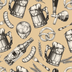 Beer-themed pattern on beige background