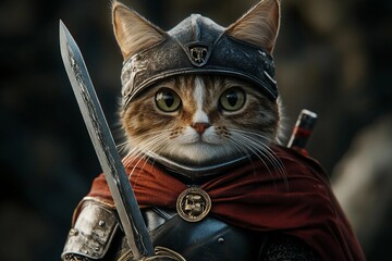A cute cat wearing knight armor and holding a small sword