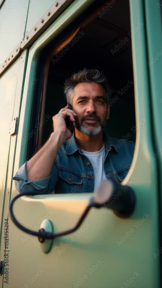 Poster A person talks on their mobile phone while operating a large vehicle, highlighting the importance of safe driving practices