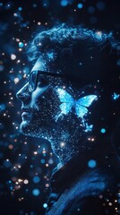 Profile of a man with glasses covered in blue sparkles and butterflies in a dark background