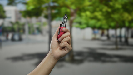 Man holds vape in hand while standing outdoors in a city street with blurred background, showcasing...