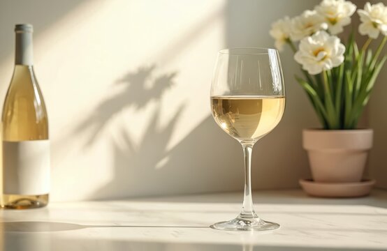 Glass white wine glows, illuminated by soft afternoon sunlight on clean kitchen counter. Serene ambiance, minimalist interior design. Sunny day at home, elegant stylish vibes, inviting drink, refined