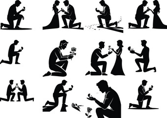 Man Kneeling Proposal Silhouette Set – Romantic Engagement Pose Collection Proposal Silhouette Vector – Man on Knee Asking for Marriage Clipart