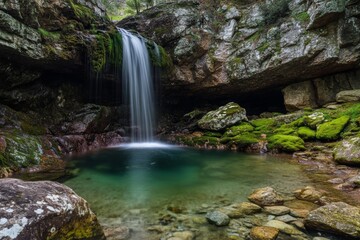 Fototapeta premium A tranquil waterfall flows gently into a clear pool, framed by lush moss-covered rocks. The refreshing sound of water enhances the peaceful atmosphere of this secluded spot in nature