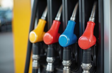 Gas pump nozzles at station. Colorful nozzles ready for fueling vehicles with gasoline and diesel. Fueling cars, trucks at gas station. Transport industry power, energy supply.