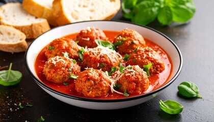 Polpette Meatballs in Rich Tomato Sauce. Traditional Italian Food