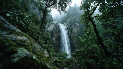 Obraz premium Majestic Waterfall Cascading Down Cliff Surrounded by Lush Green Forest and Mysterious Mist