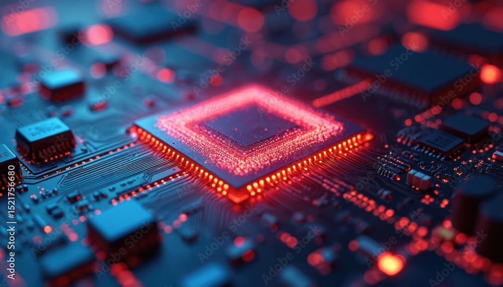 Aufkleber Conceptual illustration shows a quantum computer nano processor. The design features futuristic glowing circuit board, red and blue light tech. Advanced tech for AI, Big Data, Machine Learning.