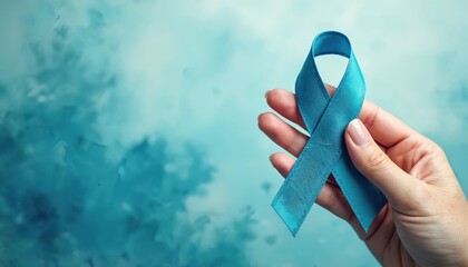 Hand holds teal ribbon. Symbol of sexual assault awareness. Support, prevention, hope concept. Healthcare, charity, annual international day, national month against violence.