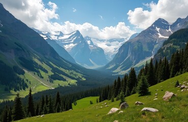 Scenic mountain valley with green meadows, tall trees, snowy peaks. Blue sky with clouds, Glacier National Park Montana. Nature landscape, travel destination, outdoor recreation, hiking, summer