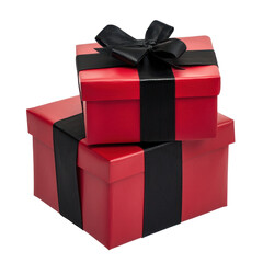 Red gift boxes with black ribbons stacked on top of each other for a special occasion