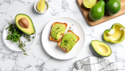 Fresh ingredients and a plate of finished avocado toast on a kitchen counter