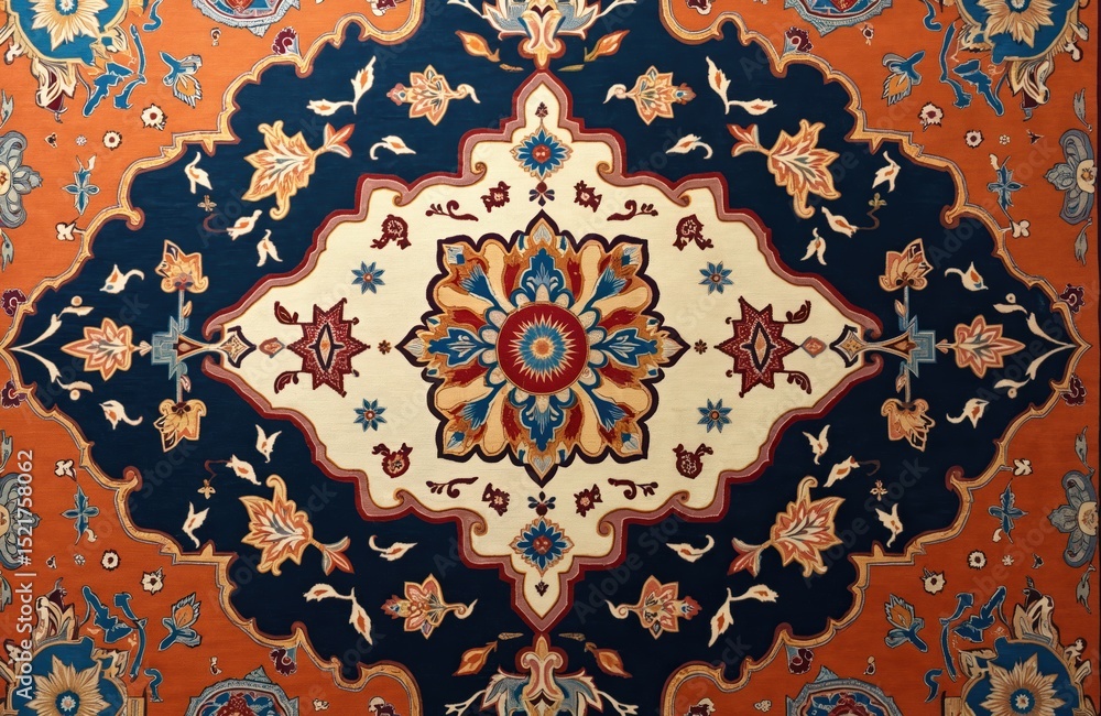 Poster colorful patterned carpet with intricate geometry design. ornamental floral pattern features traditi