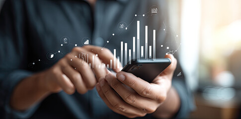 Mobile Finance Person Analyzing Data on Smartphone with Graph Overlay