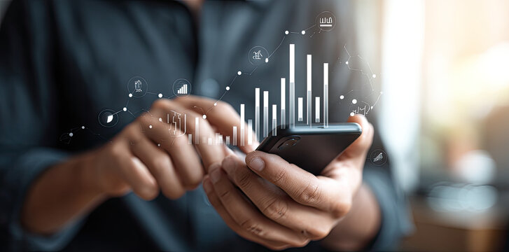 Mobile Finance Person Analyzing Data on Smartphone with Graph Overlay