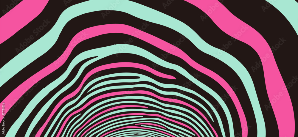 Poster Vector illustration in popular modern Op Art style, featuring dynamic wavy lines and abstract flowing shapes, creating an illusion of depth and movement with high contrast and bold graphic elements.