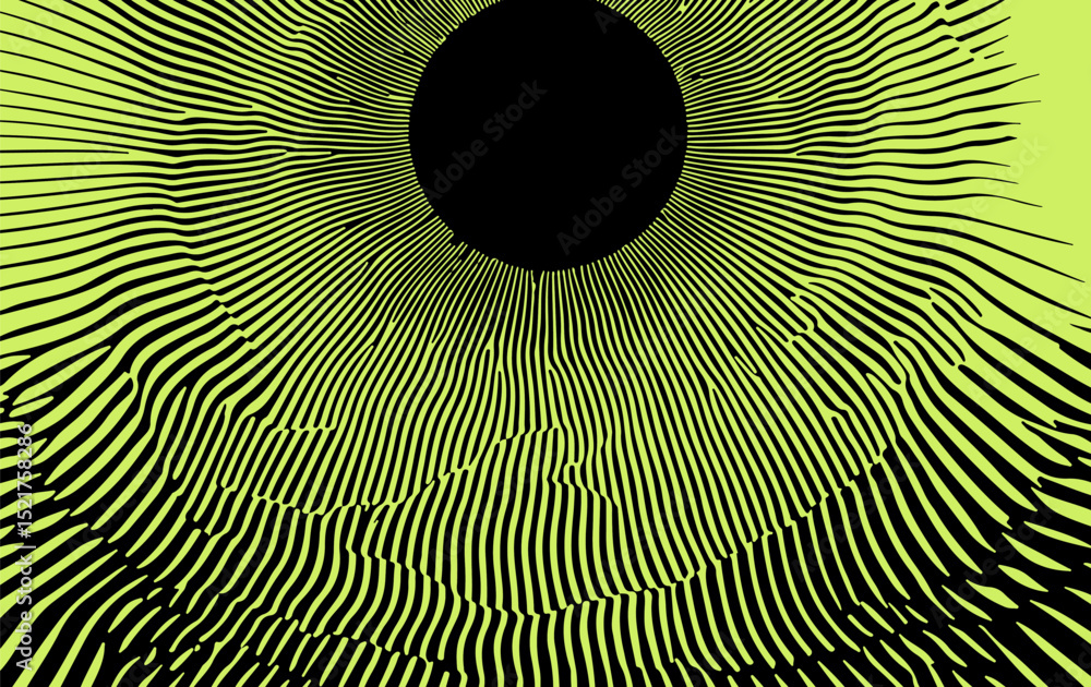 Poster vivid vector illustration in a modern op art style, with a black central circle and swirling green l