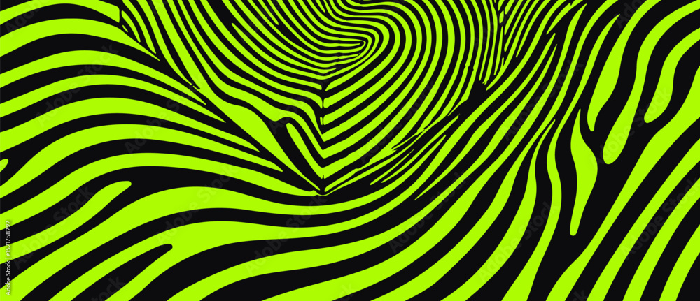Poster Vector illustration with flowing black lines on a bright green background, creating a dynamic and abstract zebra-like pattern. This modern op-art style remains a top trend in digital design today.