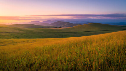 Fototapeta premium Dramatic mountain landscape at sunrise or sunset, featuring a panoramic view of misty hills and cloud-kissed peaks under a vibrant sky