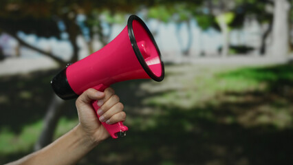 Hand holding pink megaphone in outdoor park setting with blurred greenery providing a vibrant...