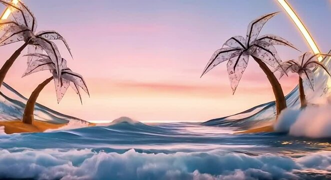 wave, ocean, sea, water, sunset, golden, hour, tropical, palm, trees, breaking, splash, motion, dynamic, seascape, beach, coast, surf, surfing, paradise, nature, power, energy, dramatic, pink, sky, cl