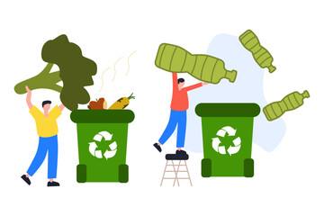 Eco-friendly illustration of people throwing waste into green recycling bins. Flat vector concept promoting environmental awareness, garbage disposal, and waste management. Suitable for eco campaigns,