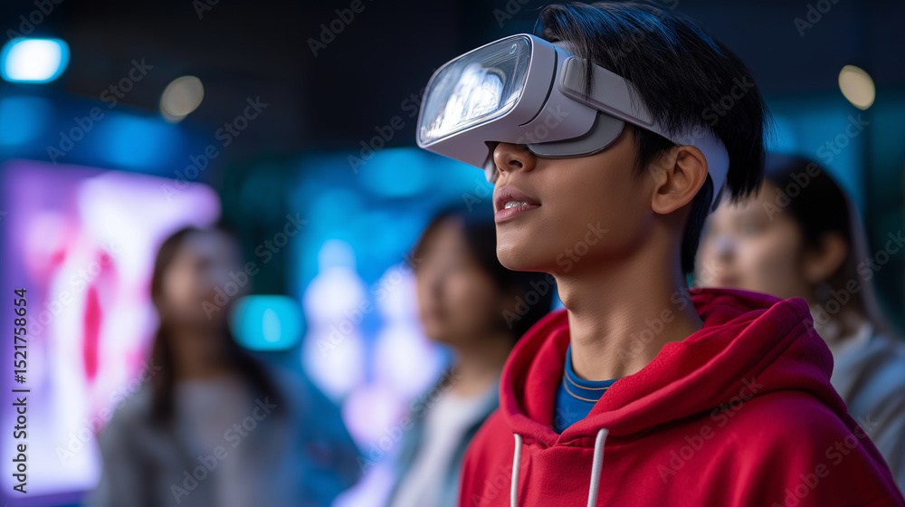 Poster student using a vr headset during an educational science lesson with a skeleton model nearby.