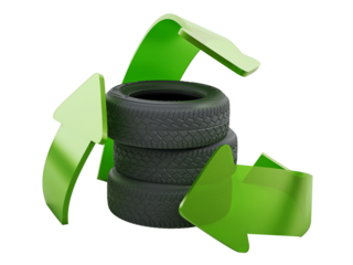 Recycle symbol around tyres on transparent background. 3D illustration
