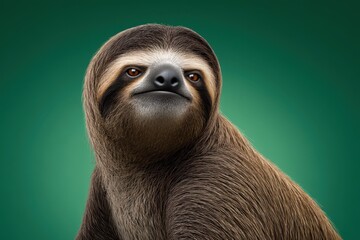 Charming sloth with a playful expression posing against a vibrant green backdrop while showcasing its unique features and playful demeanor