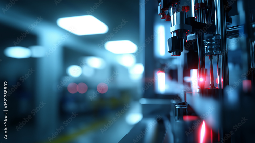 Poster close-up view of automated high-tech manufacturing equipment with red sensor lights.