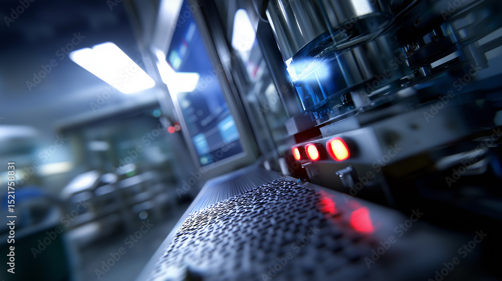 Poster close-up view of automated high-tech manufacturing equipment with red sensor lights.