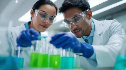 Two scientists in lab coats and safety glasses conducting an experiment with blue liquid.
