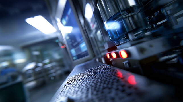 Close-up view of automated high-tech manufacturing equipment with red sensor lights.
