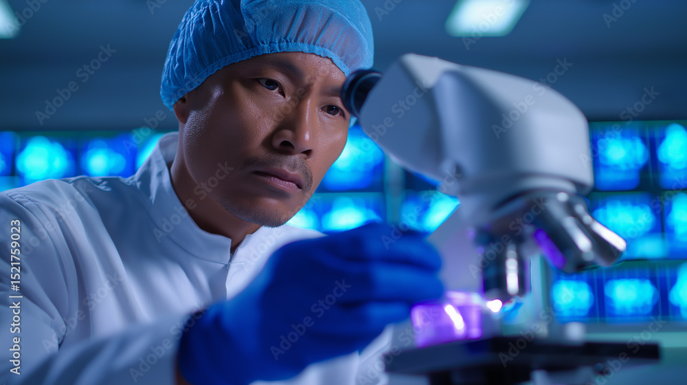 Poster scientist in protective gear using microscope for high-tech laboratory research.
