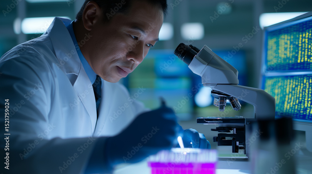 Poster scientist in protective gear using microscope for high-tech laboratory research.
