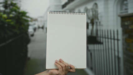 Man holding blank notebook with a spiral binding on a city street, featuring an urban background...