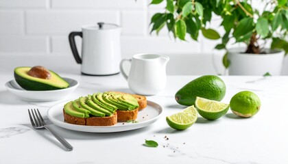 Fresh ingredients and a plate of finished avocado toast on a kitchen counter