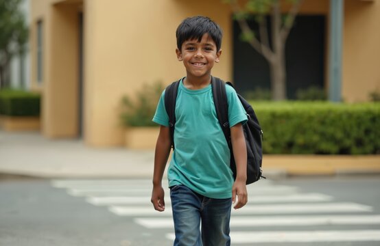 Smiling dark-haired boy walks across street with backpack, going to school. Latin student on way to study, education concept, back to school time. Elementary school. Happy kid crossing the road.