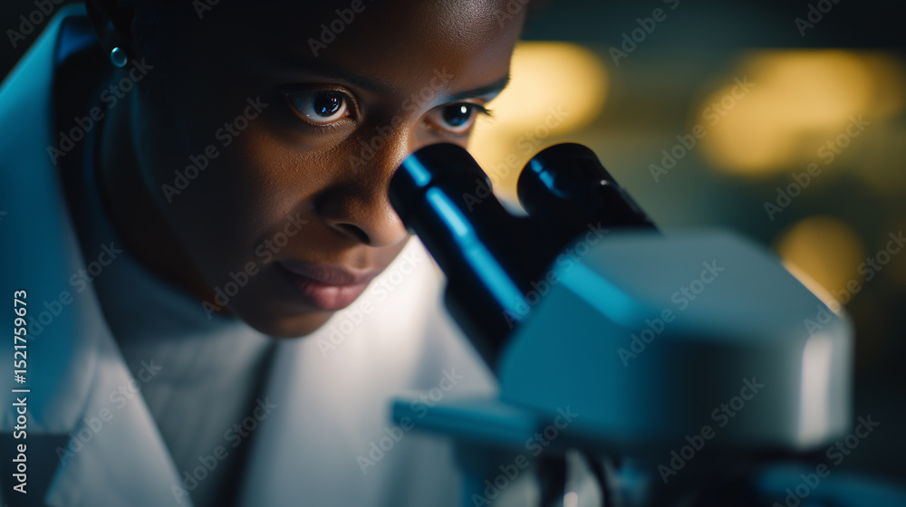 Poster focused female scientist examining samples through a microscope in a laboratory setting.