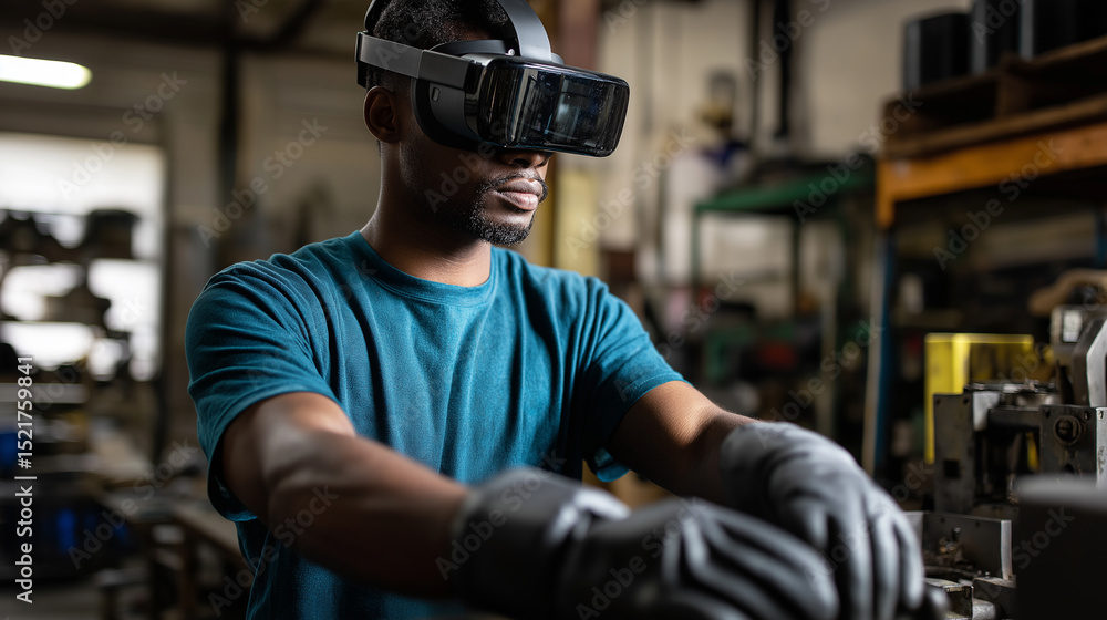 Poster factory worker using virtual reality headset and gloves for training or machinery operation.